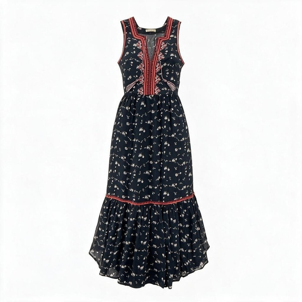 Ulla Johnson Maxi Dress Women Size 2 Navy Silk Floral Embroidered Tassel #3061